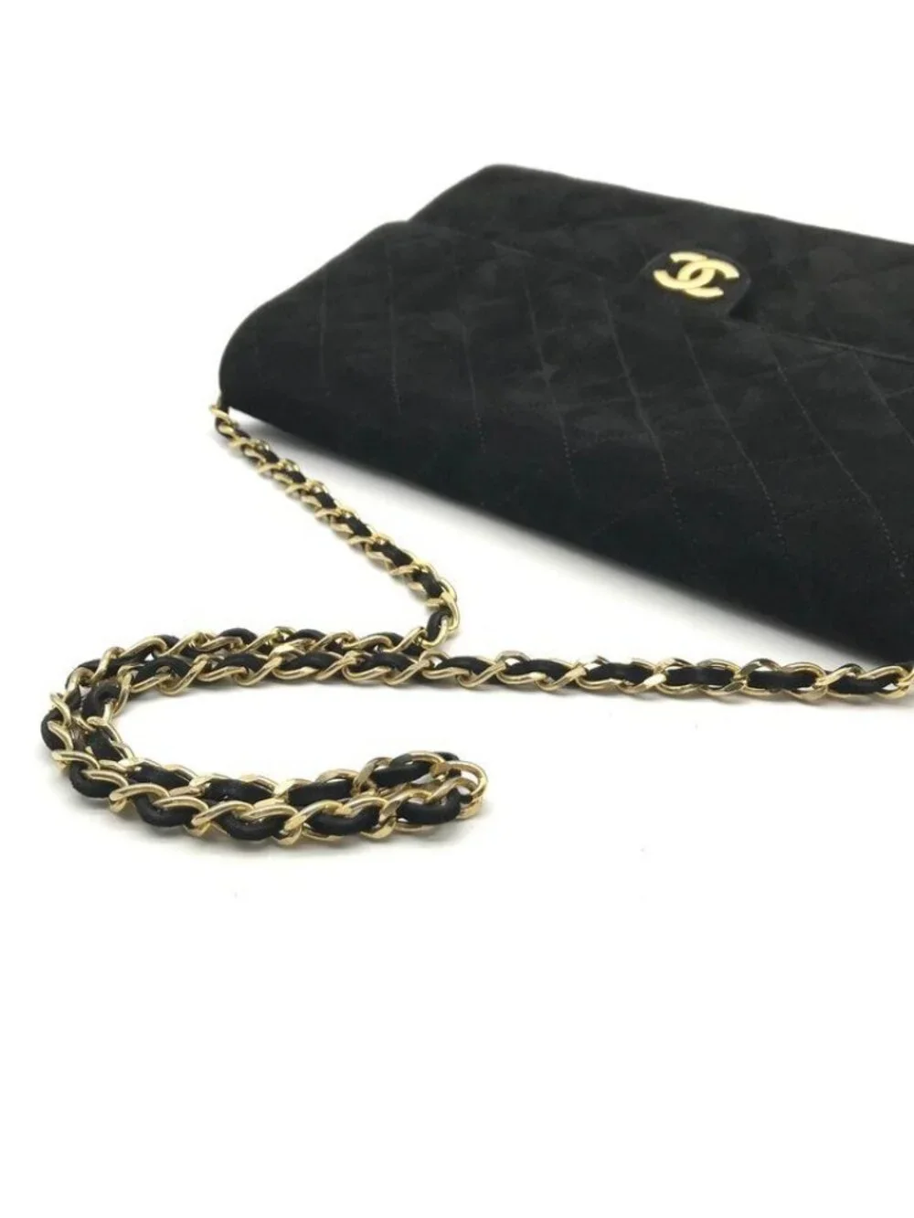 Chanel CC Logo Quilted Suede Chain Shoulder Bag Black Push Lock